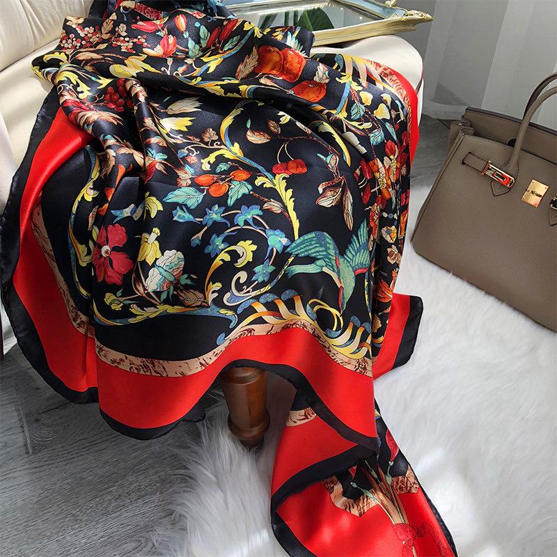 100% Mulberry Silk Scarf 43"x43" 110x110CM, Large Floral Square Shawl Chic Korean Satin Wrap Elegant Hangzhou Silk Headscarf Gift for Her