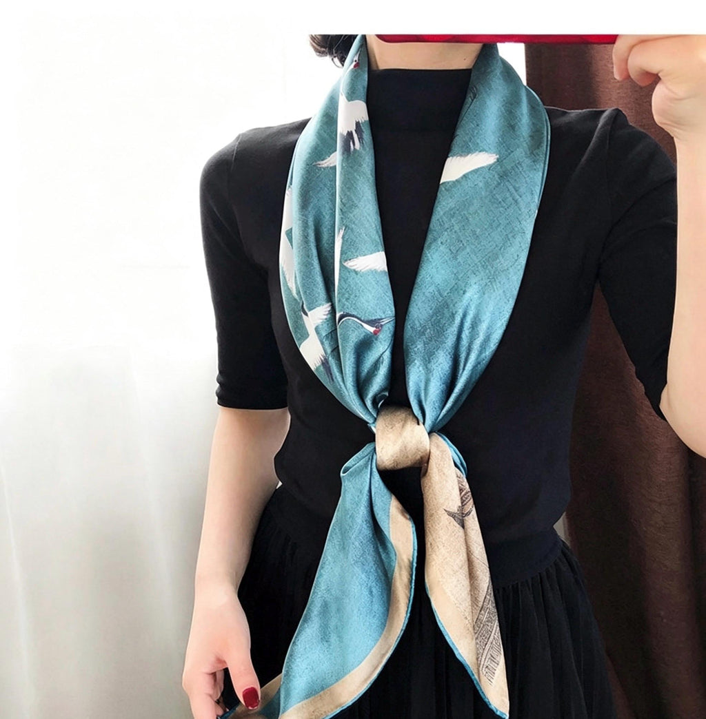 100% Mulberry Silk Scarf 43"x43" 110x110CM, Heavyweight 18mm Satin Shawl Sacred Crane Luxury Square Wrap Heirloom Gift Hangzhou Silk Art