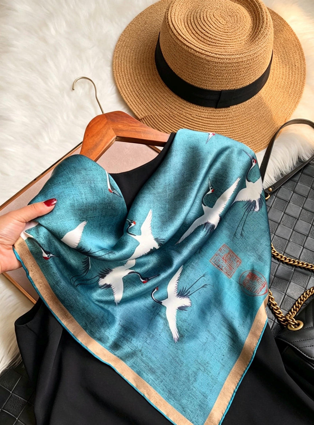 100% Mulberry Silk Scarf 43"x43" 110x110CM, Heavyweight 18mm Satin Shawl Sacred Crane Luxury Square Wrap Heirloom Gift Hangzhou Silk Art