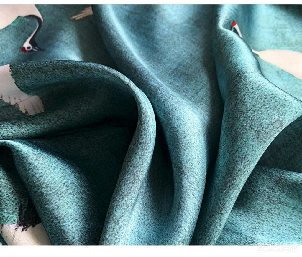 100% Mulberry Silk Scarf 43"x43" 110x110CM, Heavyweight 18mm Satin Shawl Sacred Crane Luxury Square Wrap Heirloom Gift Hangzhou Silk Art