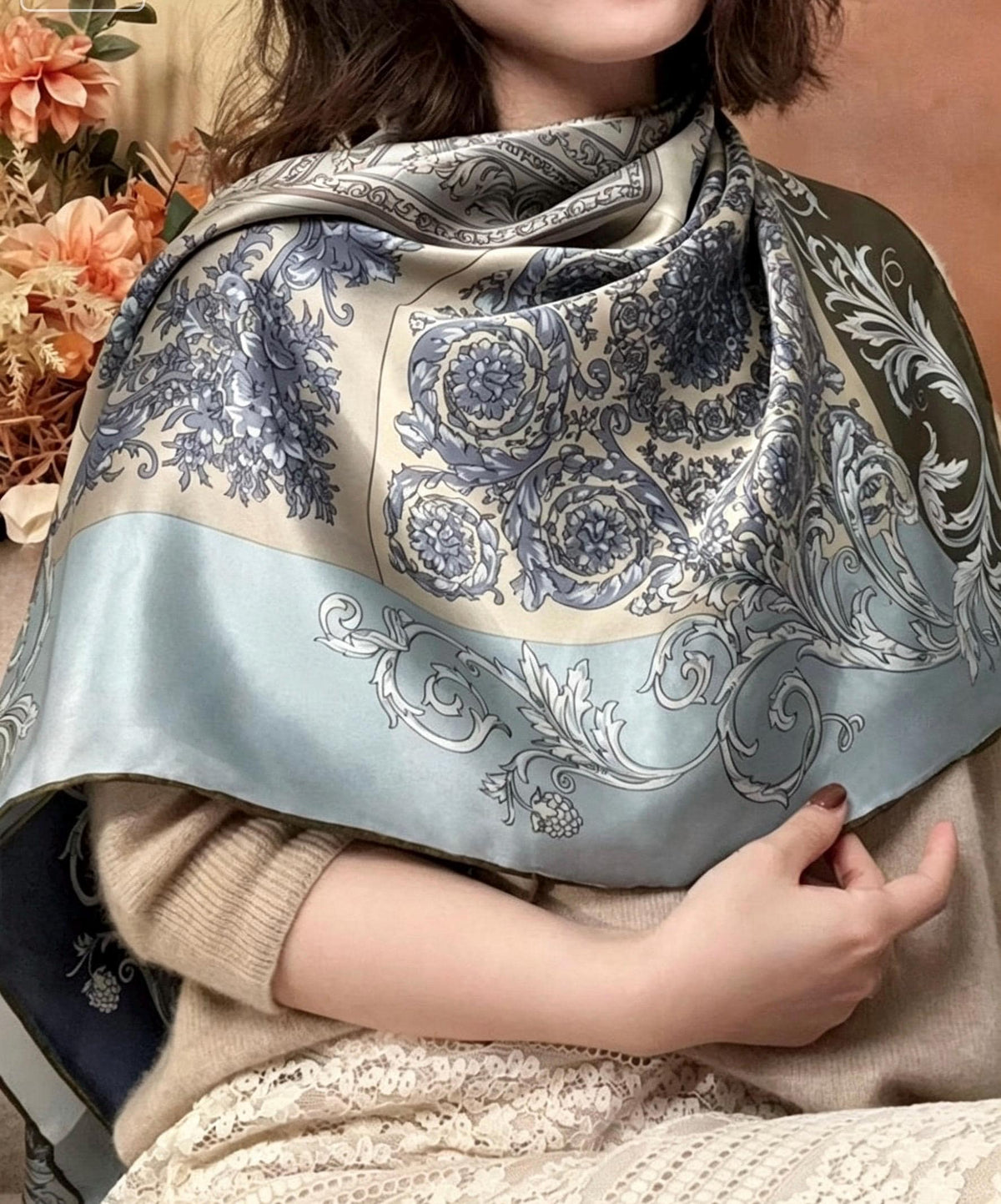 100% Mulberry Silk Scarf 42"x42" 108x108CM, Elegant Four-Grid Patchwork Square Scarf, Multifunctional Sun Protection Shawl, Gift for Her