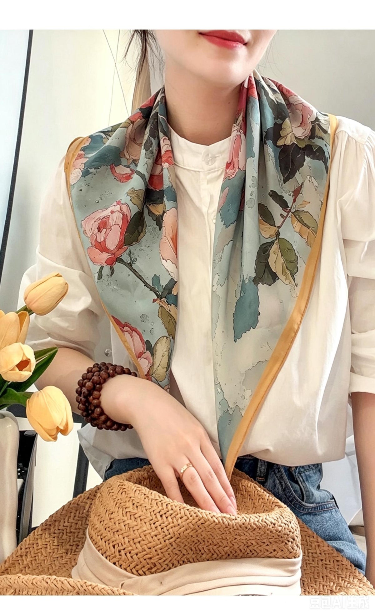 100% Mulberry Silk Scarf 26"x26" 65x65CM, Dreamy Rose Chapter Crêpe de Chine Square Scarf, Luxury Ice Blue Neck Head Scarf, Gift for Her