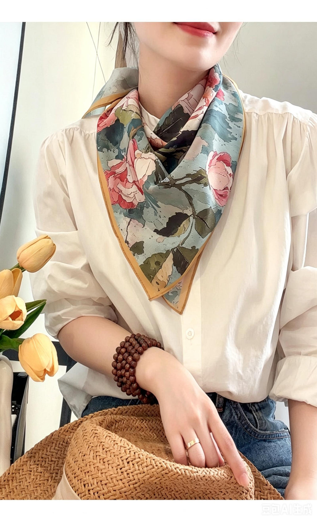 100% Mulberry Silk Scarf 26"x26" 65x65CM, Dreamy Rose Chapter Crêpe de Chine Square Scarf, Luxury Ice Blue Neck Head Scarf, Gift for Her