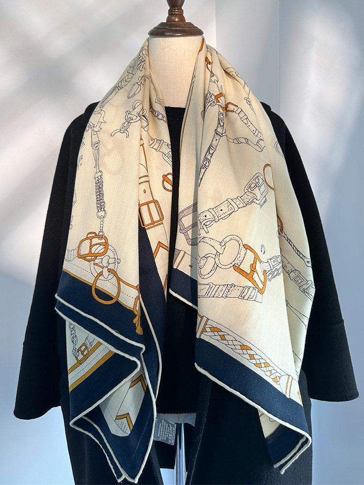 Silk Wool Scarf Shawl 53"x53" 135x135cm, Beige Equestrian Horse Scarf Large Square, Quiet Luxury Oversized Wrap, Warm Winter Shawl