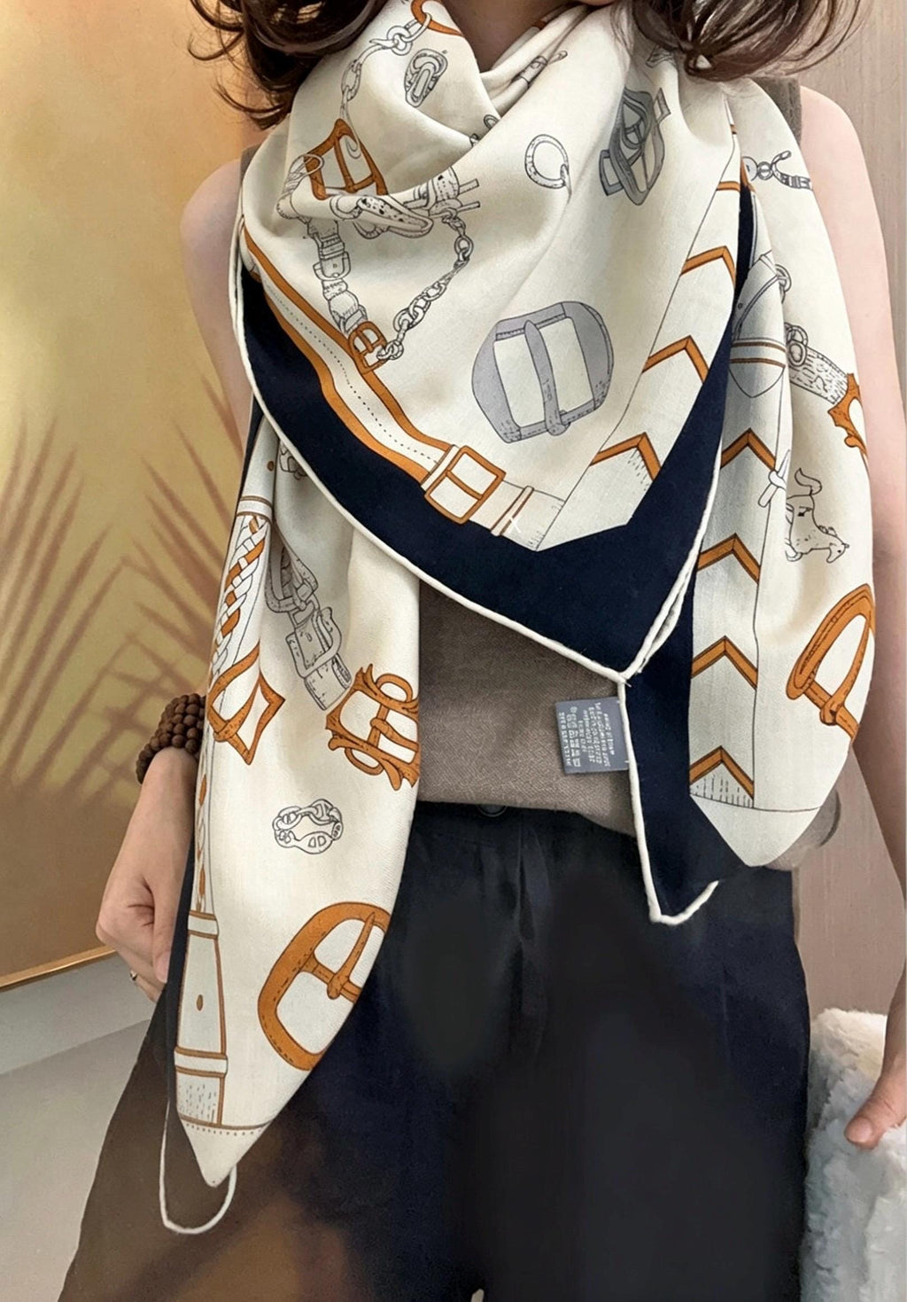 Silk Wool Scarf Shawl 53"x53" 135x135cm, Beige Equestrian Horse Scarf Large Square, Quiet Luxury Oversized Wrap, Warm Winter Shawl