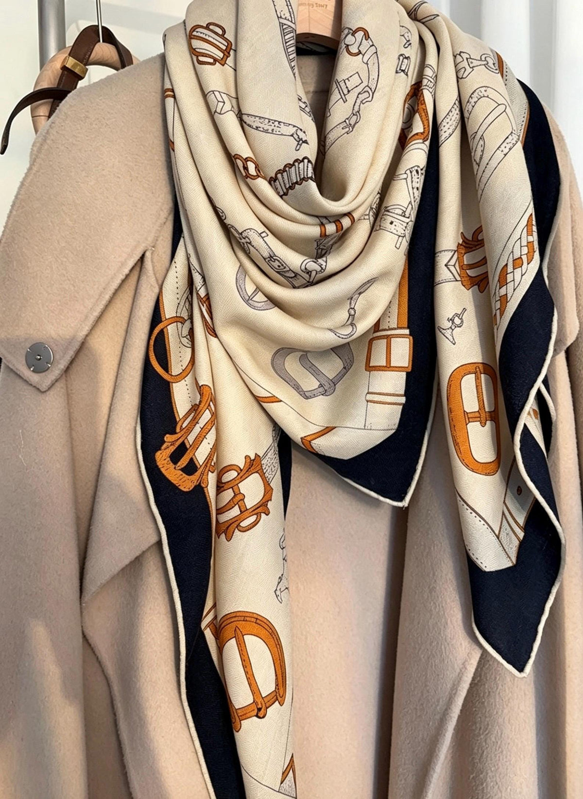 Silk Wool Scarf Shawl 53"x53" 135x135cm, Beige Equestrian Horse Scarf Large Square, Quiet Luxury Oversized Wrap, Warm Winter Shawl
