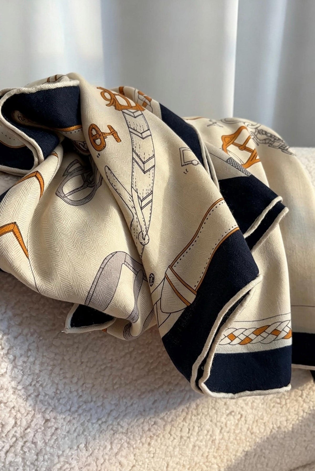 Silk Wool Scarf Shawl 53"x53" 135x135cm, Beige Equestrian Horse Scarf Large Square, Quiet Luxury Oversized Wrap, Warm Winter Shawl