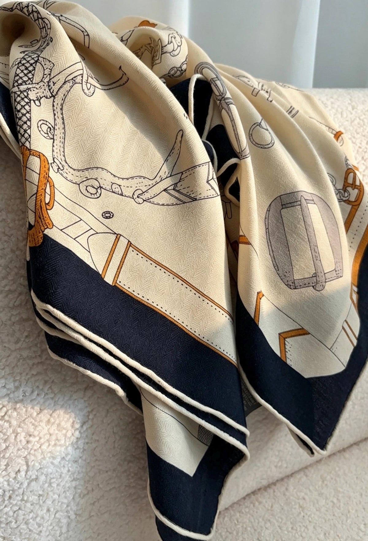 Silk Wool Scarf Shawl 53"x53" 135x135cm, Beige Equestrian Horse Scarf Large Square, Quiet Luxury Oversized Wrap, Warm Winter Shawl