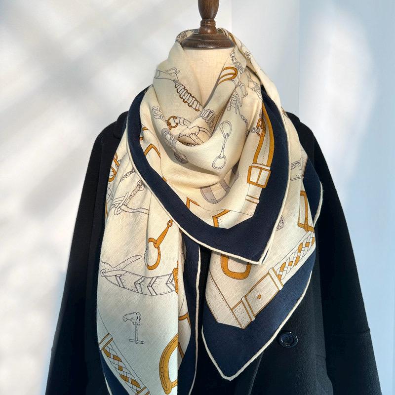 Silk Wool Scarf Shawl 53"x53" 135x135cm, Beige Equestrian Horse Scarf Large Square, Quiet Luxury Oversized Wrap, Warm Winter Shawl