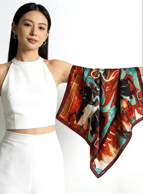 100% Mulberry Silk Scarf 26"x26" 65x65cm, Dunhuang Mural Art Silk Scarf, Vintage Silk Neckerchief, Oriental Silk Bandana Shawl, Gift for Her