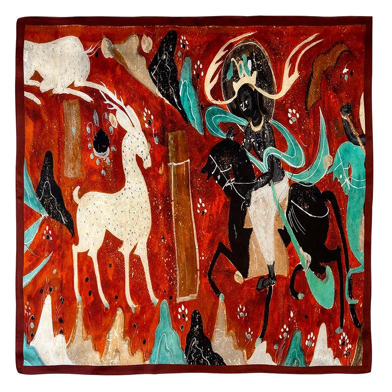 100% Mulberry Silk Scarf 26"x26" 65x65cm, Dunhuang Mural Art Silk Scarf, Vintage Silk Neckerchief, Oriental Silk Bandana Shawl, Gift for Her