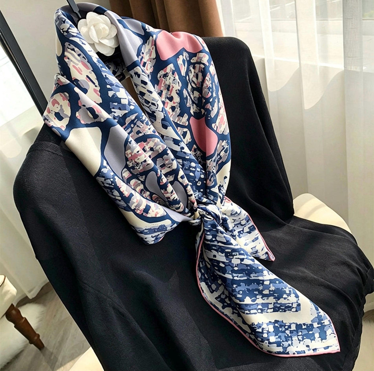 100% Mulberry Silk Scarf 35"x35" 88x88CM, Classic Camellia Twill Square Scarf, Luxury French Vintage Silk Shawl, Elegant Gift for Her