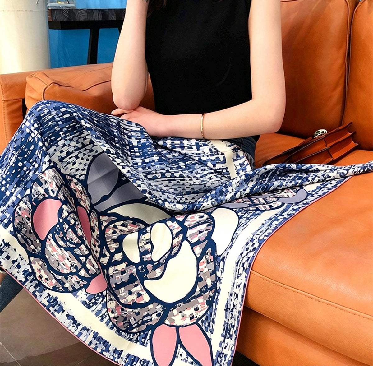 100% Mulberry Silk Scarf 35"x35" 88x88CM, Classic Camellia Twill Square Scarf, Luxury French Vintage Silk Shawl, Elegant Gift for Her