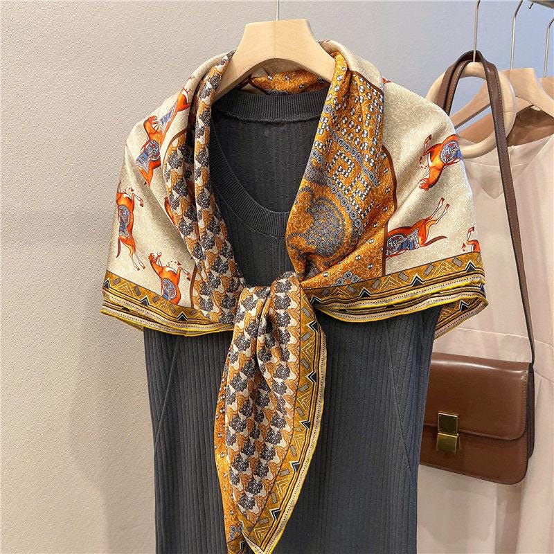 100% Mulberry Silk Scarf 43"x43" 110x110CM, Large Square Scarf Women, Satin Silk Shawl Wrap, Horse Print Silk Scarf, Premium Neck Scarf