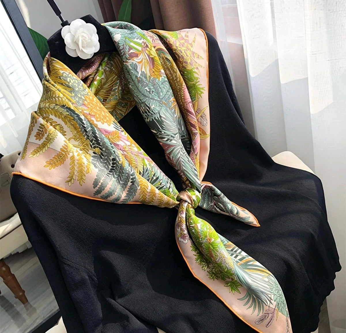 100% Mulberry Silk Scarf 35"x35" 90x90CM, Milk Tea Beige Twill Square Scarf, Soft Silk Shawl Wrap, All-Season Versatile Neck Scarf, Gift