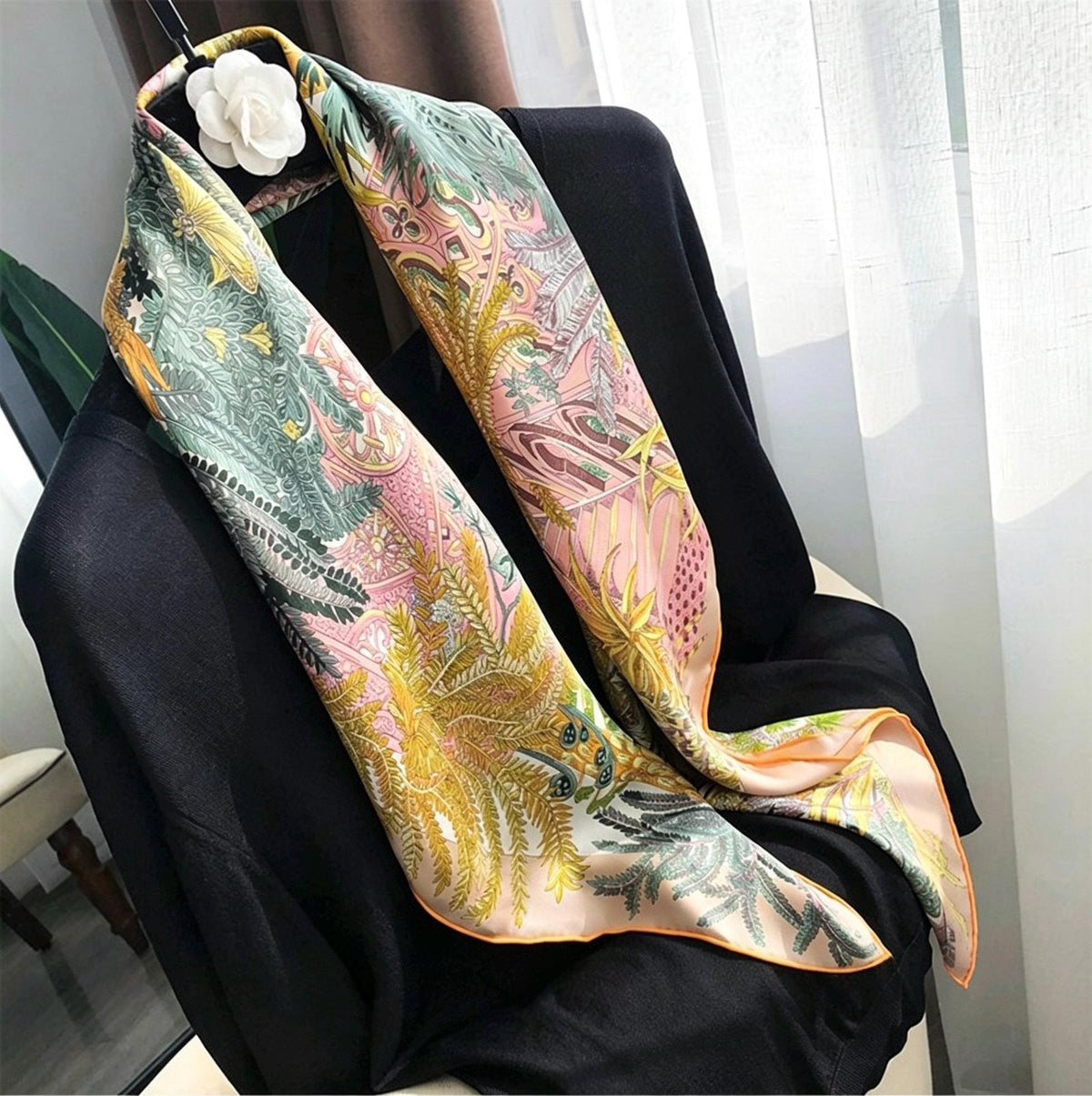 100% Mulberry Silk Scarf 35"x35" 90x90CM, Milk Tea Beige Twill Square Scarf, Soft Silk Shawl Wrap, All-Season Versatile Neck Scarf, Gift