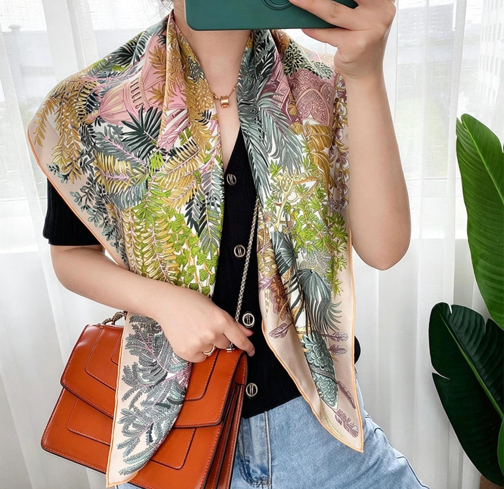 100% Mulberry Silk Scarf 35"x35" 90x90CM, Milk Tea Beige Twill Square Scarf, Soft Silk Shawl Wrap, All-Season Versatile Neck Scarf, Gift
