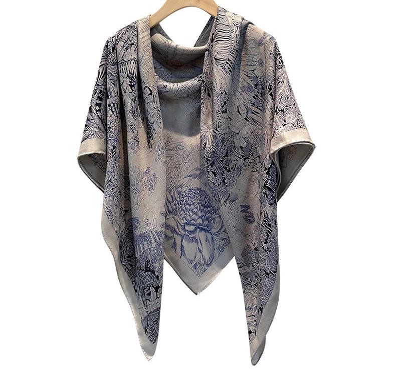 Silk Wool Scarf 53"x53" 135x135cm, Luxury Haze Blue Rainforest Silk Wool Scarf, Large Botanical Shawl, Tropical Wrap Gift for Her