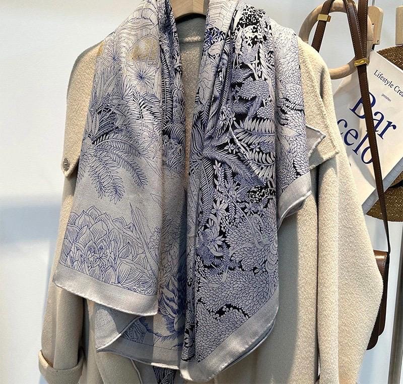 Silk Wool Scarf 53"x53" 135x135cm, Luxury Haze Blue Rainforest Silk Wool Scarf, Large Botanical Shawl, Tropical Wrap Gift for Her