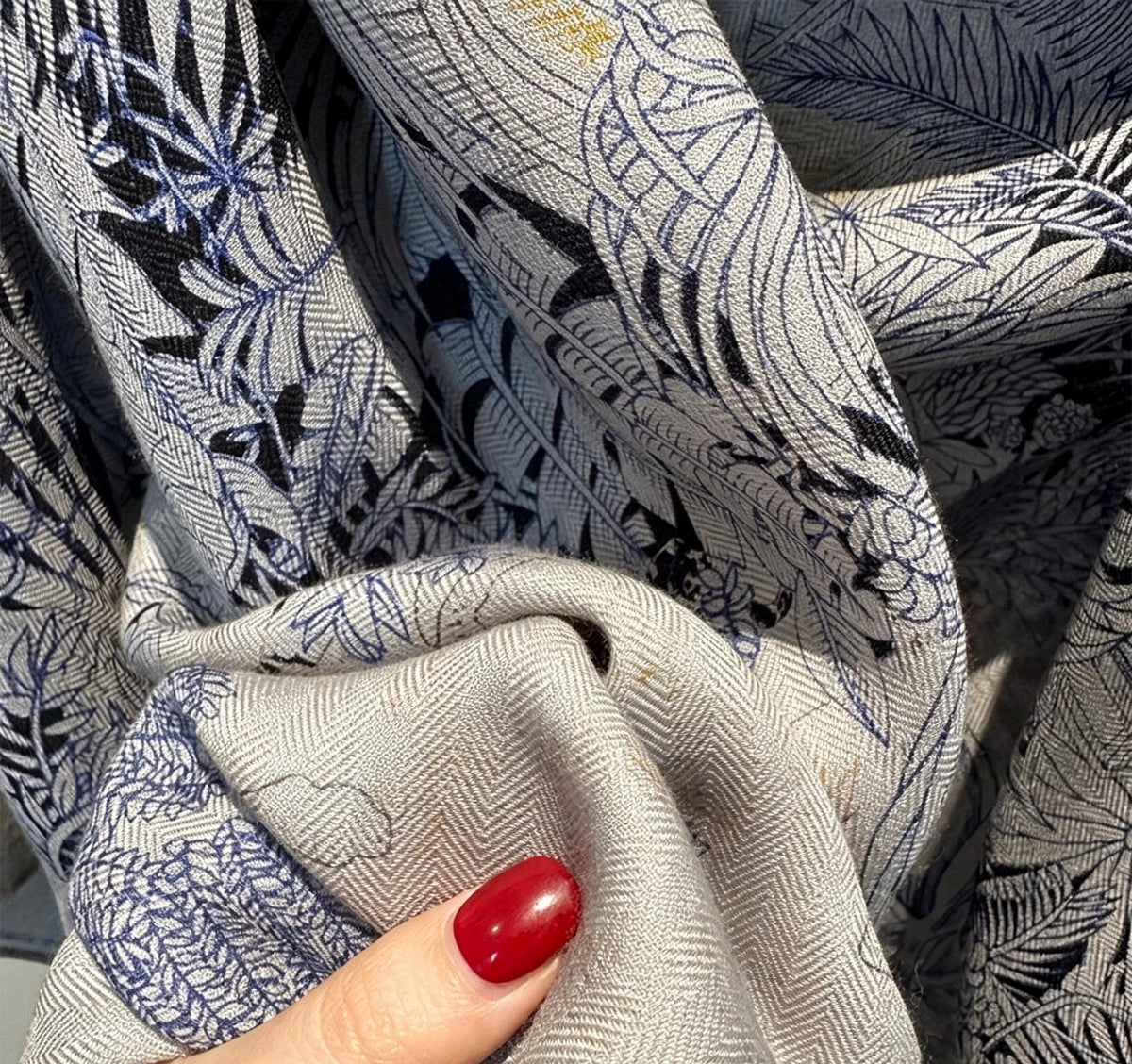 Silk Wool Scarf 53"x53" 135x135cm, Luxury Haze Blue Rainforest Silk Wool Scarf, Large Botanical Shawl, Tropical Wrap Gift for Her