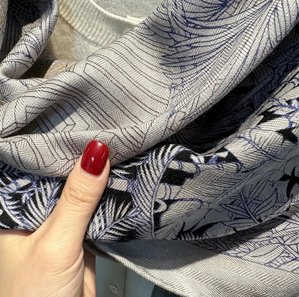 Silk Wool Scarf 53"x53" 135x135cm, Luxury Haze Blue Rainforest Silk Wool Scarf, Large Botanical Shawl, Tropical Wrap Gift for Her