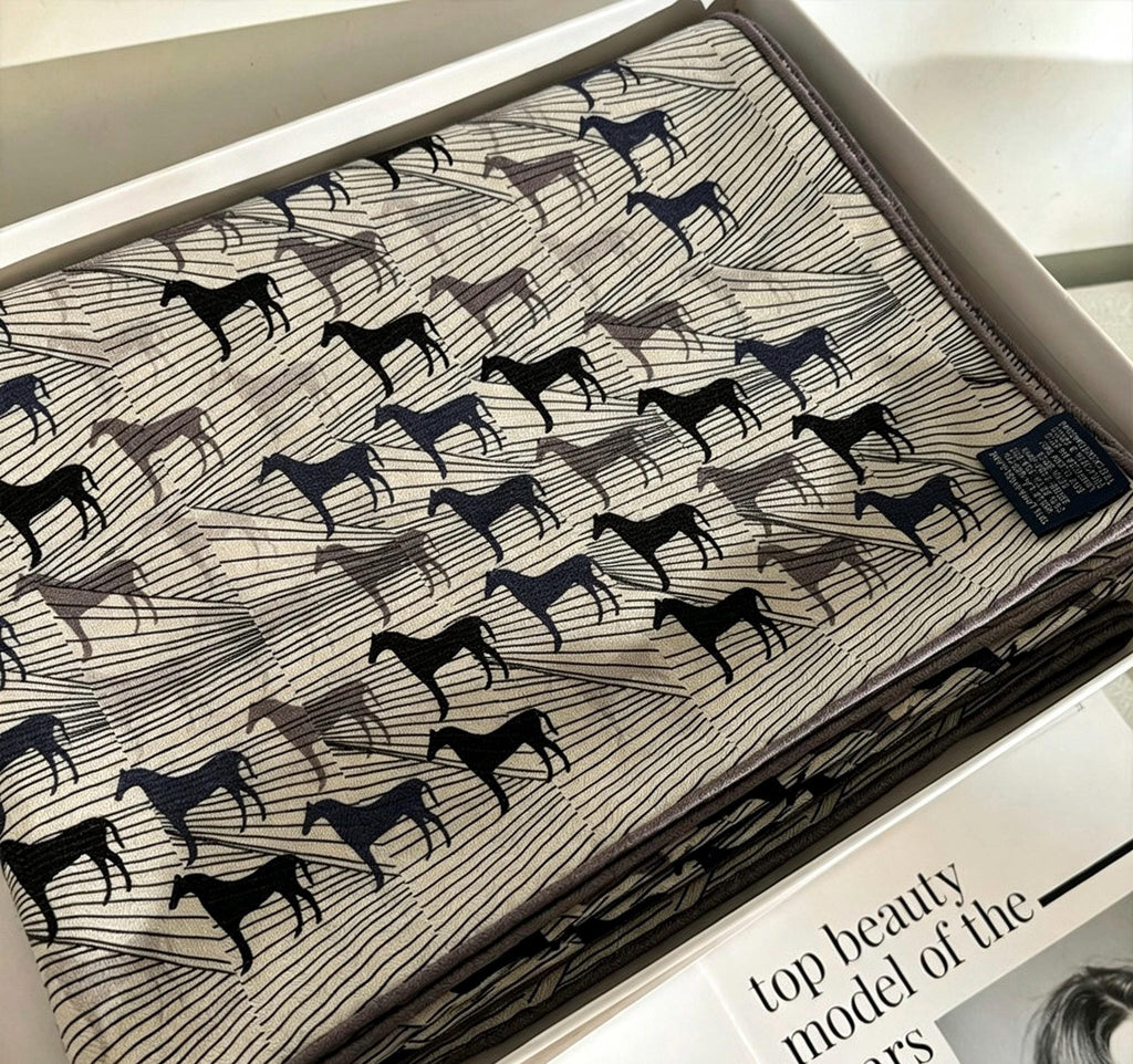 100% Mulberry Silk Scarf 53"x53" 135x135cm, Luxury Gray Equestrian Silk Wool Scarf, Blue Gray Horse Print Shawl, Winter Warm Wrap Gift
