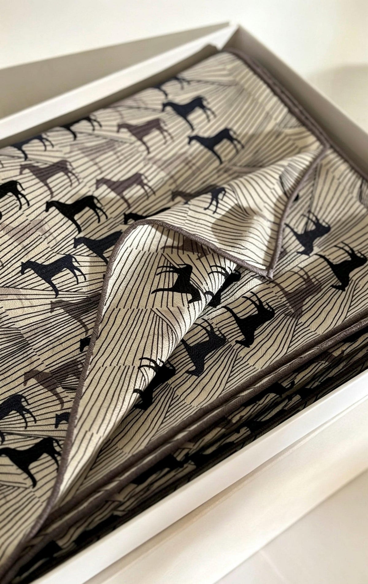 100% Mulberry Silk Scarf 53"x53" 135x135cm, Luxury Gray Equestrian Silk Wool Scarf, Blue Gray Horse Print Shawl, Winter Warm Wrap Gift