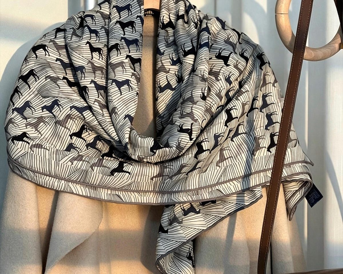 100% Mulberry Silk Scarf 53"x53" 135x135cm, Luxury Gray Equestrian Silk Wool Scarf, Blue Gray Horse Print Shawl, Winter Warm Wrap Gift