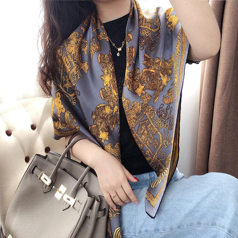 100% Mulberry Silk Scarf 43"x43" 110x110cm, Luxury Morandi Gray Carriage Silk Scarf, Premium Silk Satin Shawl, Vintage Wrap Gift for Her