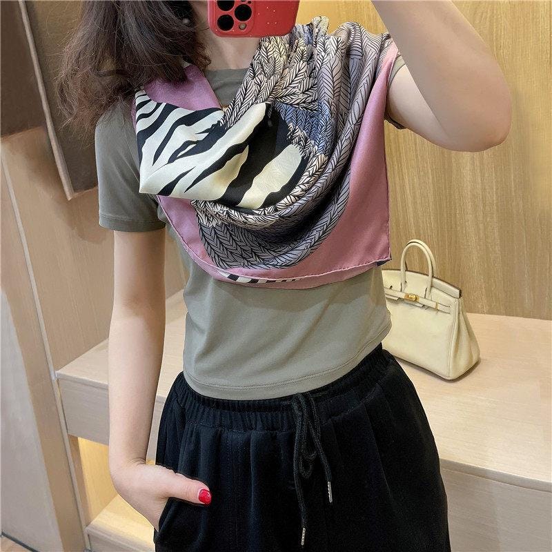 100% Mulberry Silk Scarf 35"x35" 90x90cm, Quiet Luxury Pink Zebra Silk Twill Square Scarf, Old Money Aesthetic Chic Bandana Shawl Gift