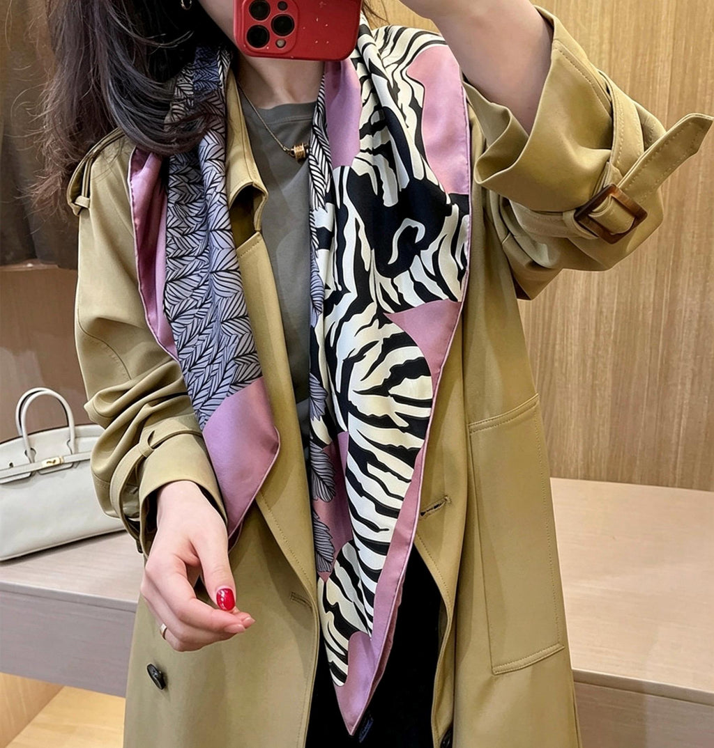 100% Mulberry Silk Scarf 35"x35" 90x90cm, Quiet Luxury Pink Zebra Silk Twill Square Scarf, Old Money Aesthetic Chic Bandana Shawl Gift