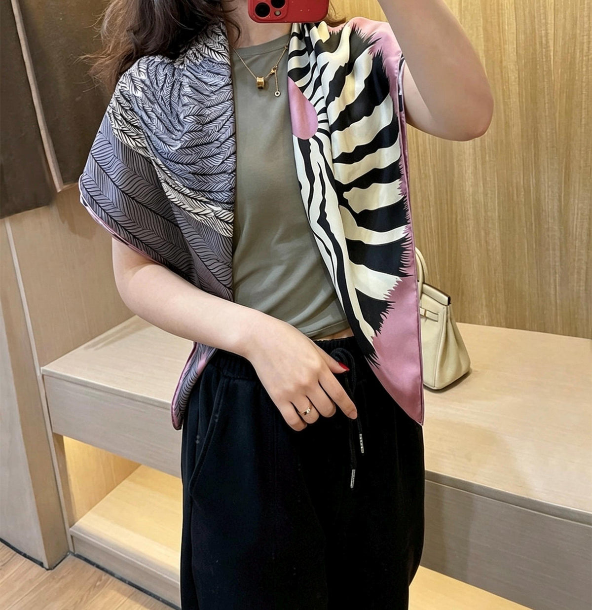 100% Mulberry Silk Scarf 35"x35" 90x90cm, Quiet Luxury Pink Zebra Silk Twill Square Scarf, Old Money Aesthetic Chic Bandana Shawl Gift