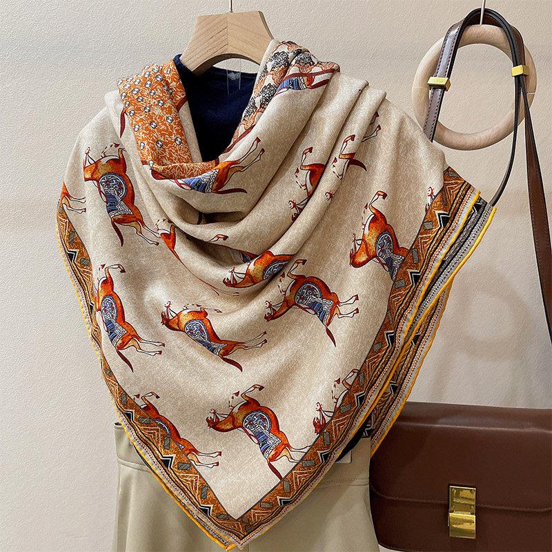 100% Silk Wool Scarf 53"x53" 135x135cm, Luxury Double Sided Two Tone Equestrian Horse Shawl, High-End Herringbone Pattern Large Square Wrap