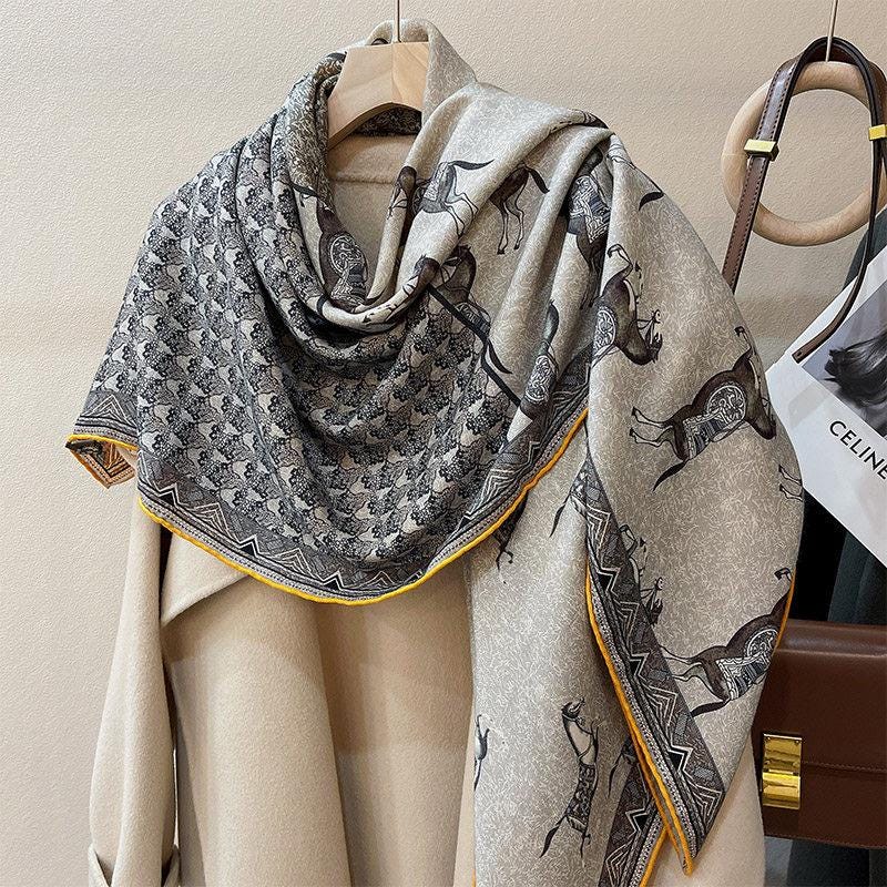100% Silk Wool Scarf 53"x53" 135x135cm, Luxury Double Sided Two Tone Equestrian Horse Shawl, High-End Herringbone Pattern Large Square Wrap