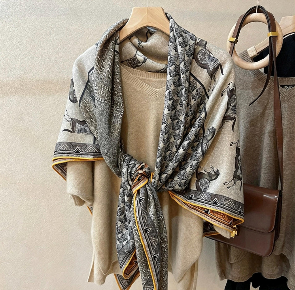 100% Silk Wool Scarf 53"x53" 135x135cm, Luxury Double Sided Two Tone Equestrian Horse Shawl, High-End Herringbone Pattern Large Square Wrap