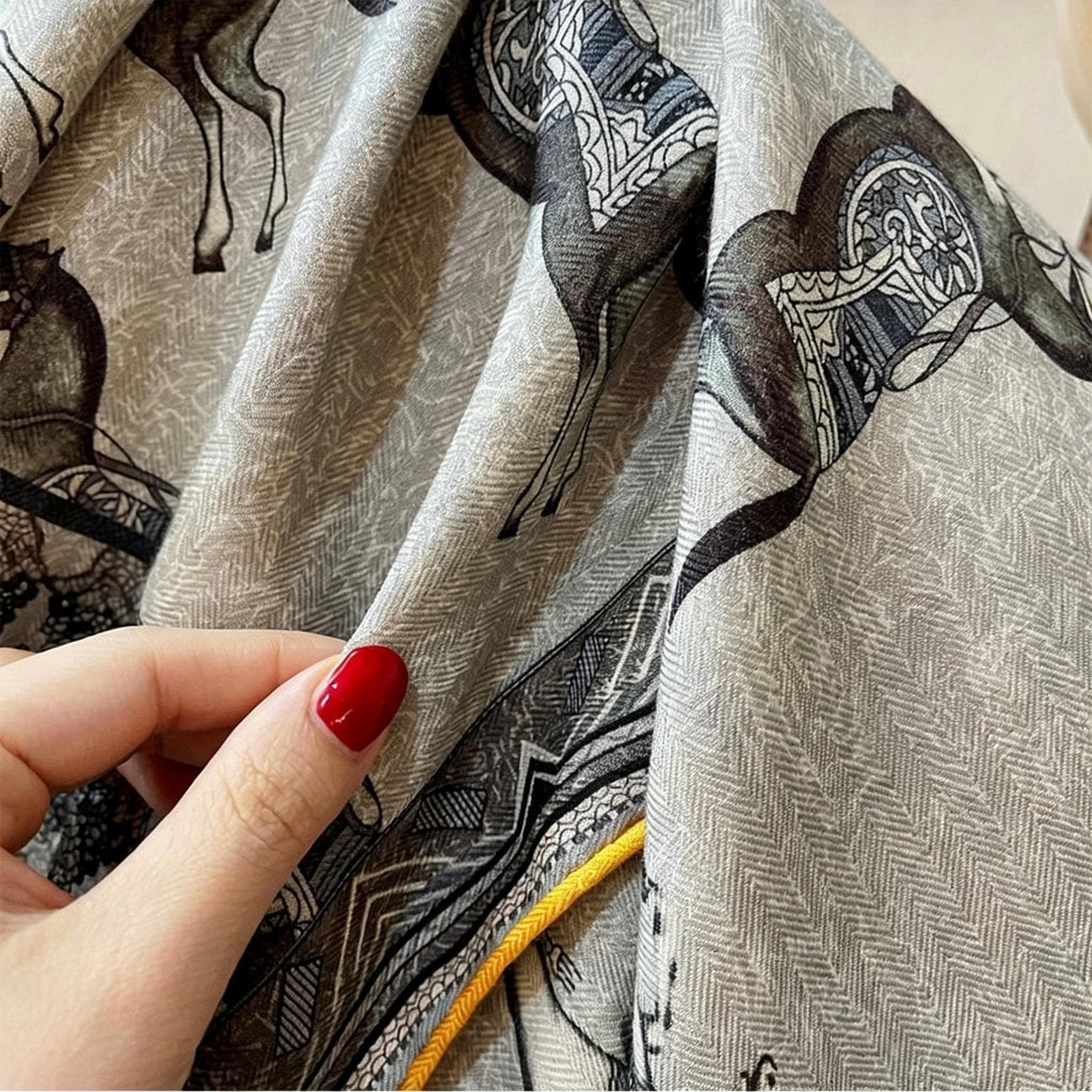 100% Silk Wool Scarf 53"x53" 135x135cm, Luxury Double Sided Two Tone Equestrian Horse Shawl, High-End Herringbone Pattern Large Square Wrap