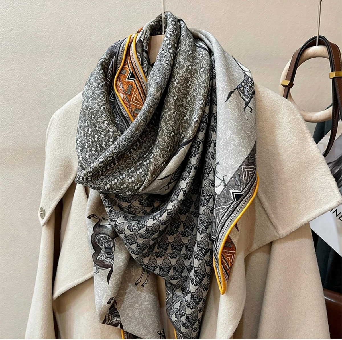 100% Silk Wool Scarf 53"x53" 135x135cm, Luxury Double Sided Two Tone Equestrian Horse Shawl, High-End Herringbone Pattern Large Square Wrap