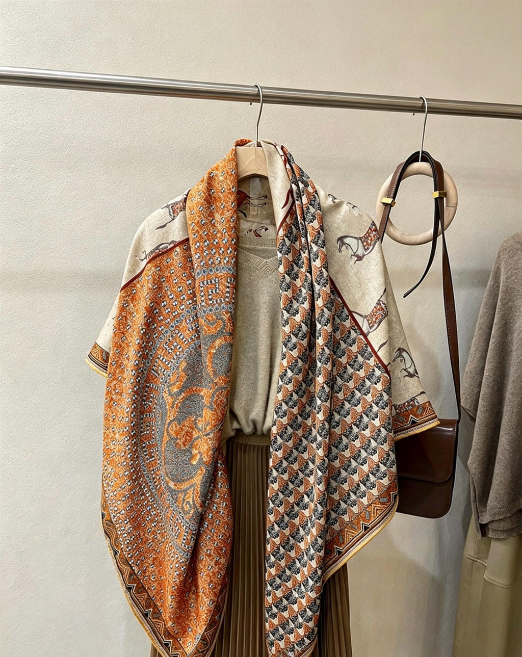 100% Silk Wool Scarf 53"x53" 135x135cm, Luxury Double Sided Two Tone Equestrian Horse Shawl, High-End Herringbone Pattern Large Square Wrap