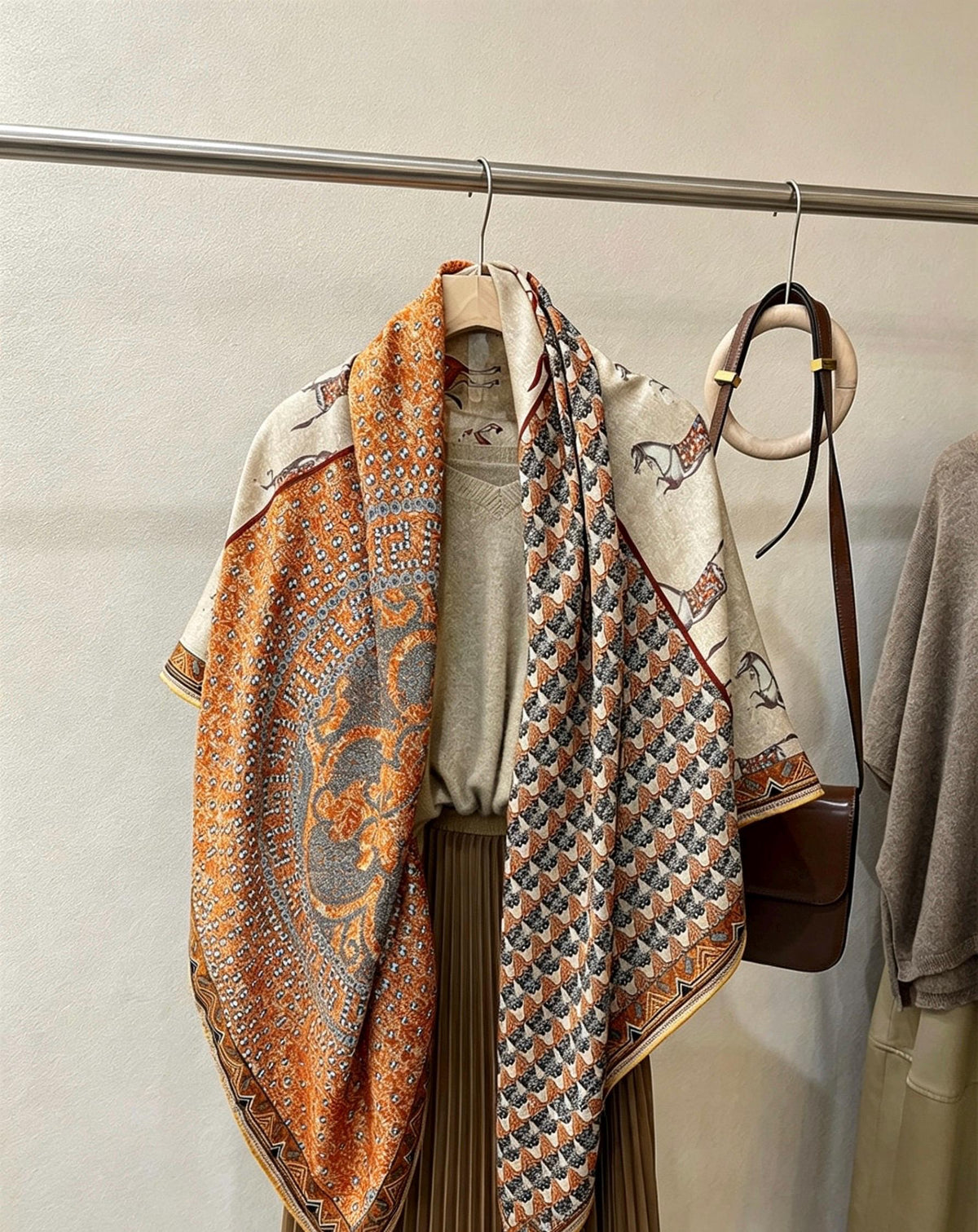 100% Silk Wool Scarf 53"x53" 135x135cm, Luxury Double Sided Two Tone Equestrian Horse Shawl, High-End Herringbone Pattern Large Square Wrap