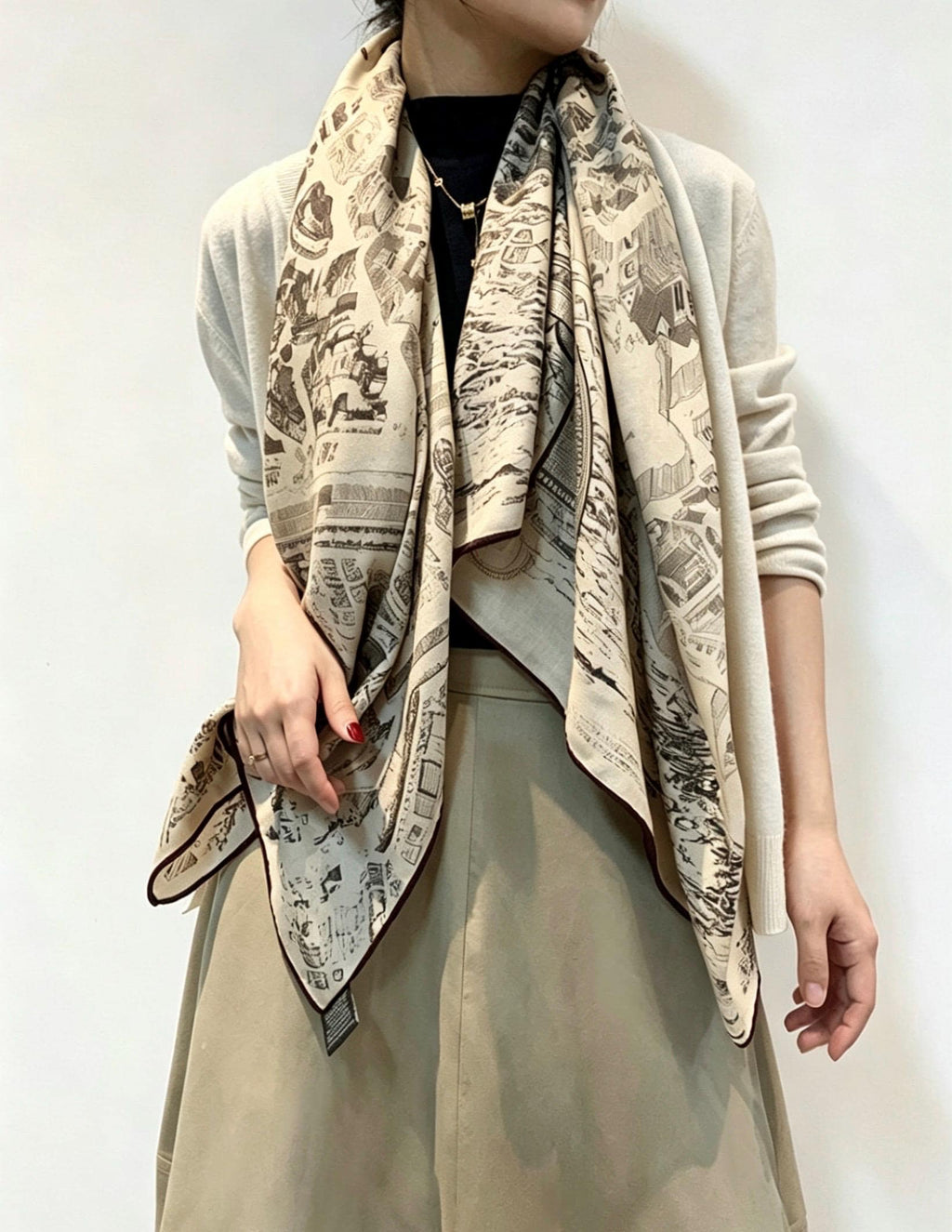 100% Silk Wool Scarf 53"x53" 135x135cm, Luxury Beige Brown Equestrian Horse City Shawl, High-End Summer AC Sunscreen Office Square Wrap