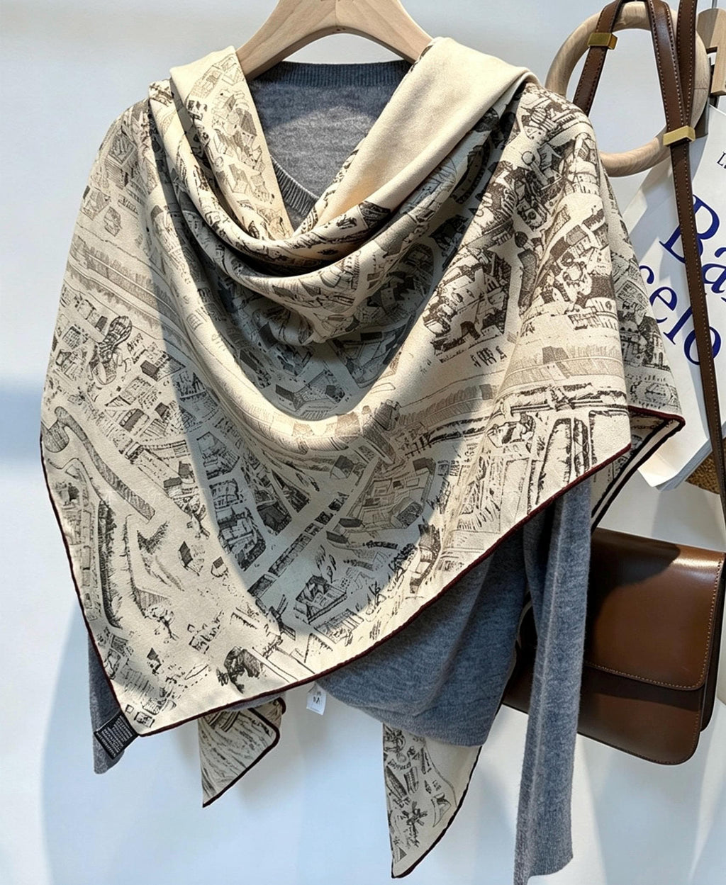 100% Silk Wool Scarf 53"x53" 135x135cm, Luxury Beige Brown Equestrian Horse City Shawl, High-End Summer AC Sunscreen Office Square Wrap
