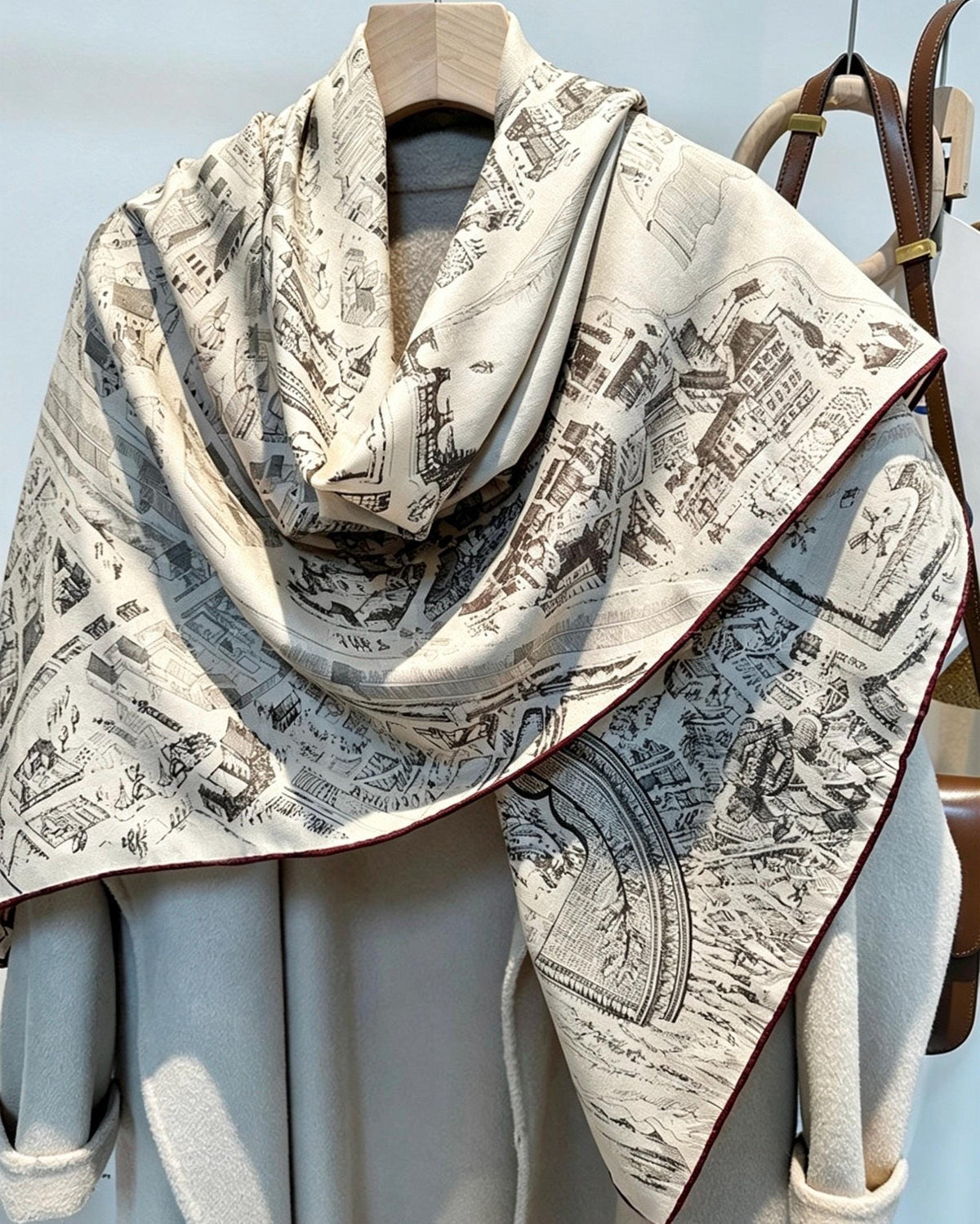 100% Silk Wool Scarf 53"x53" 135x135cm, Luxury Beige Brown Equestrian Horse City Shawl, High-End Summer AC Sunscreen Office Square Wrap