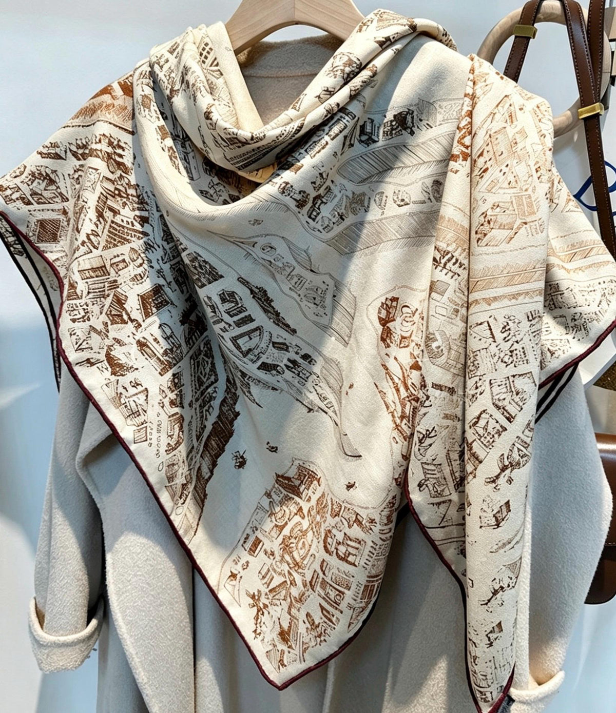 100% Silk Wool Scarf 53"x53" 135x135cm, Luxury Beige Brown Equestrian Horse City Shawl, High-End Summer AC Sunscreen Office Square Wrap