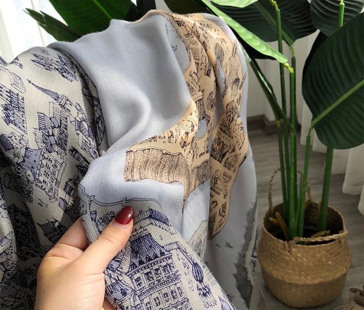 100% Silk Wool Scarf 53"x53" 135x135cm, Luxury Haze Blue Large Square Shawl, High-End Winter Warm Dual Use Wrap for Women