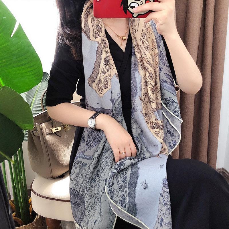 100% Silk Wool Scarf 53"x53" 135x135cm, Luxury Haze Blue Large Square Shawl, High-End Winter Warm Dual Use Wrap for Women