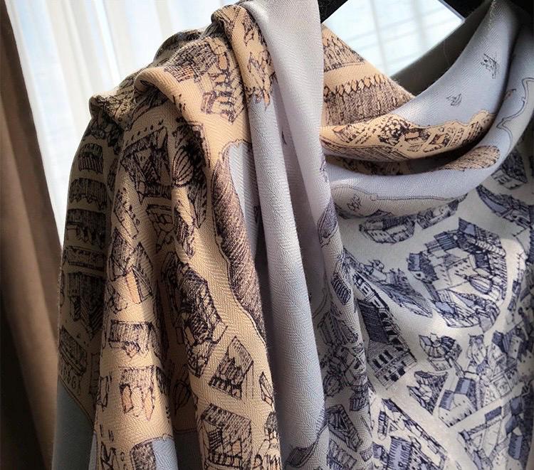 100% Silk Wool Scarf 53"x53" 135x135cm, Luxury Haze Blue Large Square Shawl, High-End Winter Warm Dual Use Wrap for Women