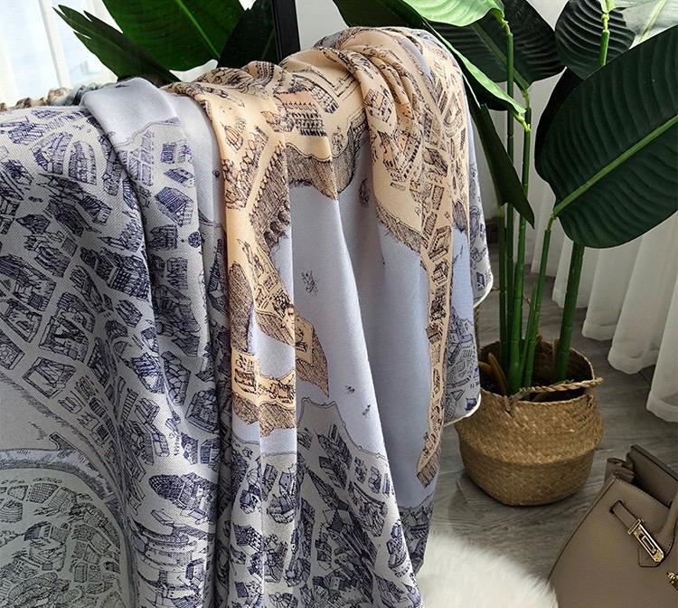 100% Silk Wool Scarf 53"x53" 135x135cm, Luxury Haze Blue Large Square Shawl, High-End Winter Warm Dual Use Wrap for Women