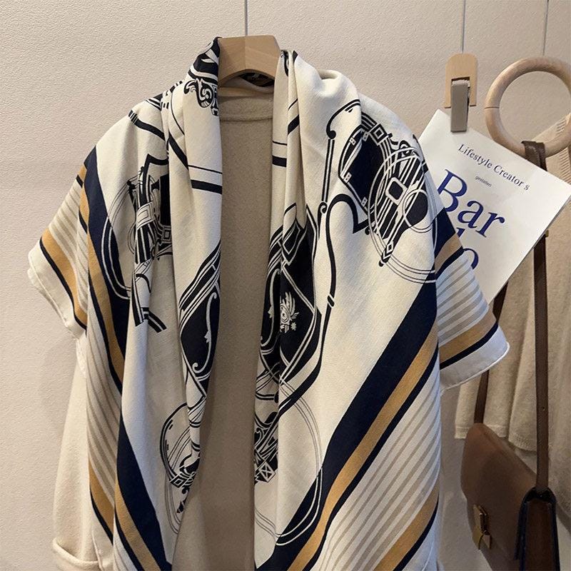 Luxury Silk Wool Scarf 55x55" 140x140CM, Vintage Bookplate Large Square Shawl, Quiet Luxury Winter Blanket Wrap, Intellectual Gift for Her
