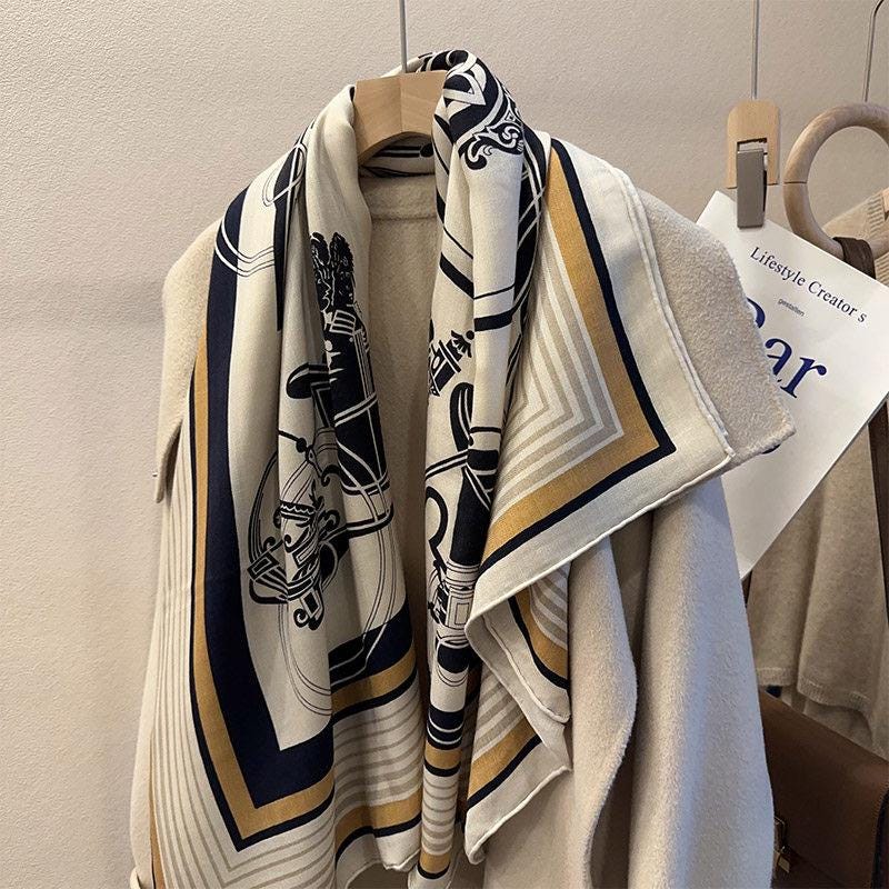 Luxury Silk Wool Scarf 55x55" 140x140CM, Vintage Bookplate Large Square Shawl, Quiet Luxury Winter Blanket Wrap, Intellectual Gift for Her