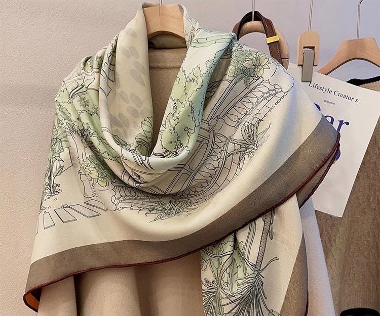 Luxury Silk Wool Scarf 53x53" 135x135CM, Fresh Romantic Garden Shawl, Winter Oversized Floral Blanket Wrap, Elegant Multi Use Gift for Her